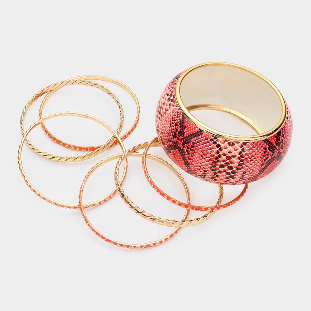7PCS Red Snakeskin Print Bangles Stacking Bracelet - Picture 2 of 3